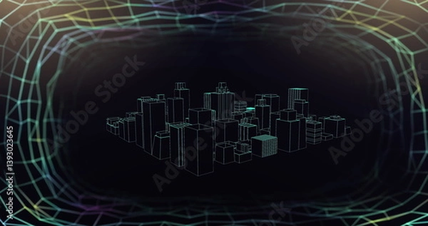 Obraz Image of network of connections over 3d spinning city model on black background