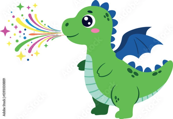 Obraz A cheerful green dragon with blue wings blowing colorful sparkles in a playful flat vector illustration