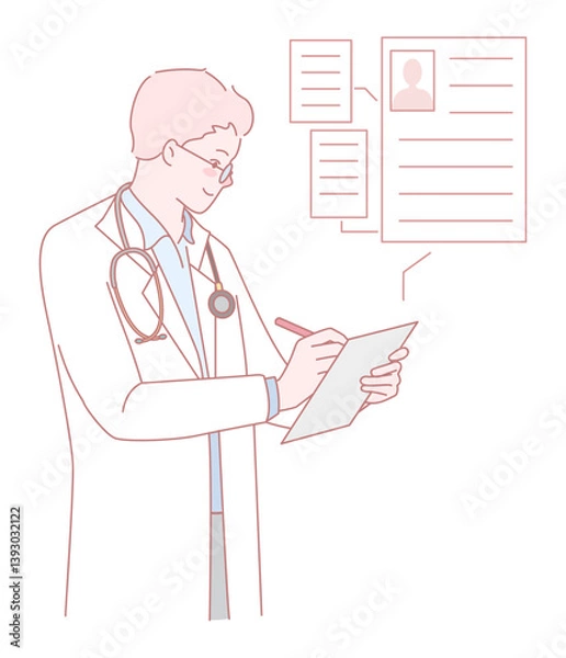 Fototapeta A doctor diligently taking thorough notes while carefully reviewing important patient details and medical records