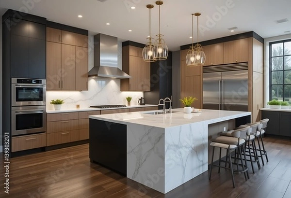 Fototapeta Modern Luxury Kitchen: Calacatta Gold Marble Island, Wood and Dark Cabinets, Stainless Steel Appliances, and Elegant Lighting