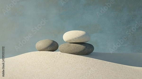 Fototapeta Three smooth stones stacked on sand against a light blue background.