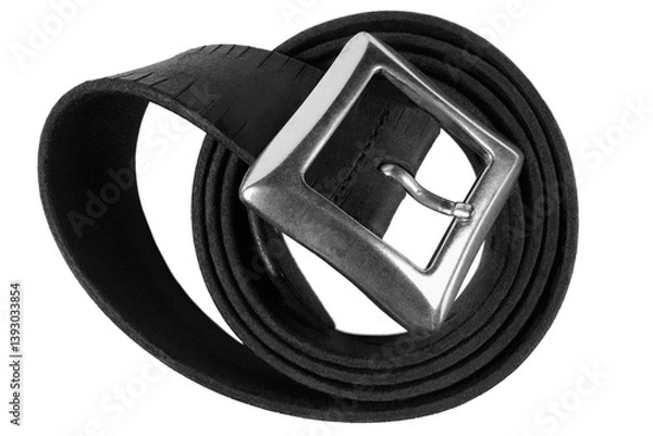 Fototapeta Black folded vintage leather belt silvery chrome solid brass metallic square center bar buckle large horizontal isolated macro closeup old rustic worn men's casual middle bridge accessory flat lay