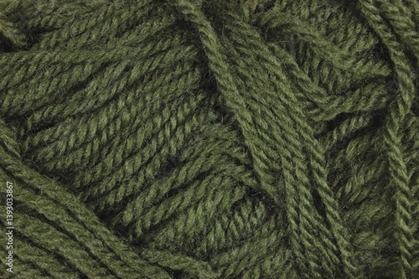 Obraz Natural moss green fine wool skein threads texture, horizontal textured clew macro closeup background pattern, large detailed woolen flat lay