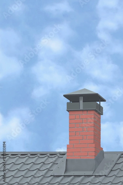 Fototapeta Red Brick Chimney, Grey Steel Tile Roof Texture, Gray Tiled Roofing, Large Detailed Vertical Closeup, Modern Residential House Rooftop Tiles Detail Textured Pattern, Bright Sunny Sky Summer Cloudscape