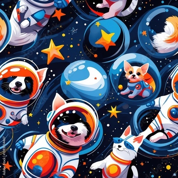 Fototapeta Seamless Pattern Dogs Cats Space Suits Stars Background. Tileable backdrop featuring animals astronauts planets. Decorative illustration with repeating design.