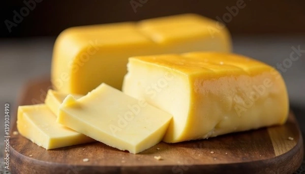 Fototapeta Soft goat cheese log, bloomy rind, delicate texture, soft cheese, texture