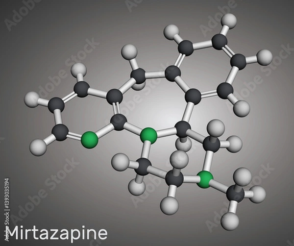 Fototapeta Mirtazapine  molecule. Tetracyclic antidepressant. Molecular model. 3D rendering