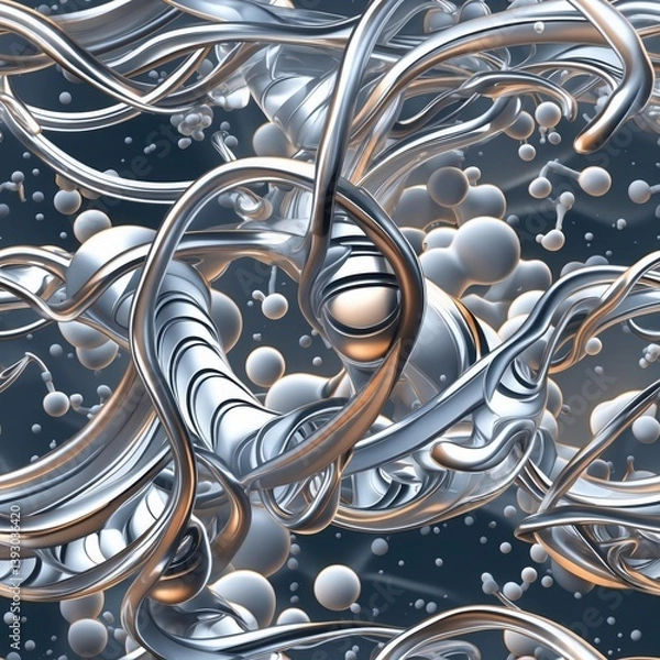 Fototapeta Silver seamless pattern. White spheres on pattern background. Grey background with chrome shapes.
