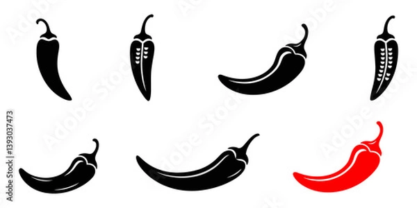 Fototapeta Stylish chili pepper silhouette icon for culinary use, set vector various chili silhouettes, Hot chili pepper silhouette vector,  black chili icon vector, black silhouette, chili pepper, simple icon.