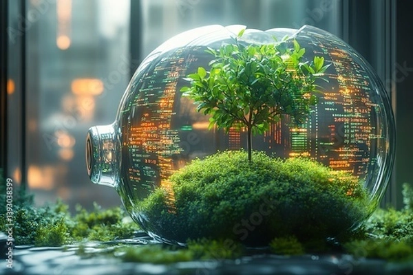 Obraz Lush green sapling growing inside a transparent piggy bank with digital data reflections, representing sustainable investment returns.