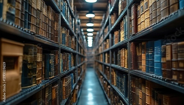Obraz High-security financial archive filled with neatly categorized treasury bonds, metal shelves reflecting the overhead soft lighting.