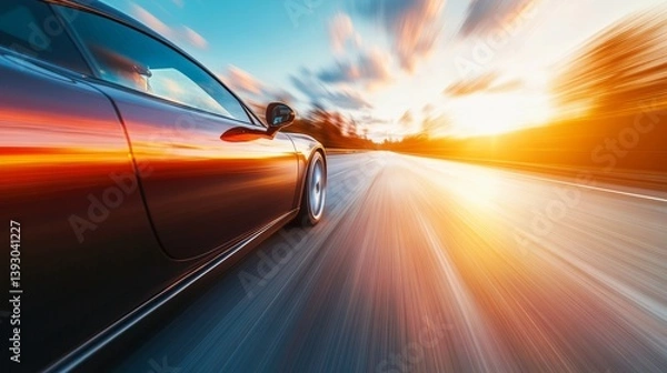 Fototapeta A high-speed sports car on an open road with motion blur, dynamic energy 