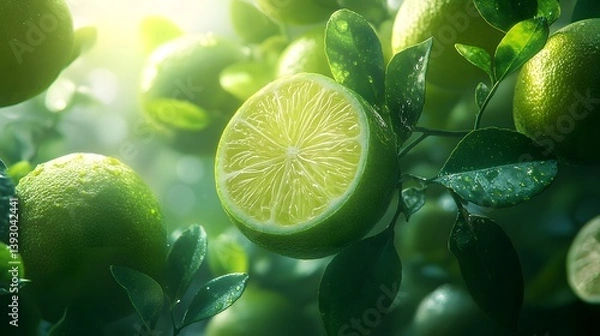 Fototapeta Soaring Citrus Delight: Vibrant Lime Segments and Elegant Foliage in a Crisp Isolated Minimalist Setting Exuding a Sense of Refreshing Energy and Inviting Freshness