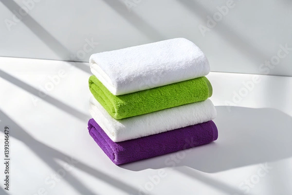 Fototapeta Stack of Colorful Soft Towels in Sunlight – White, Green, and Purple