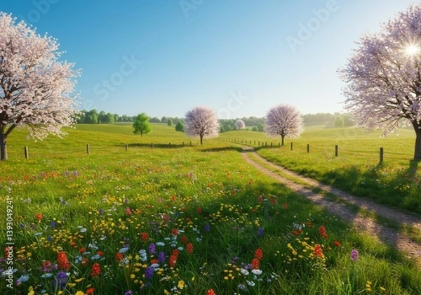 Fototapeta Scenic view of a blooming meadow with colorful flowers and cherry blossom trees under a blue sky