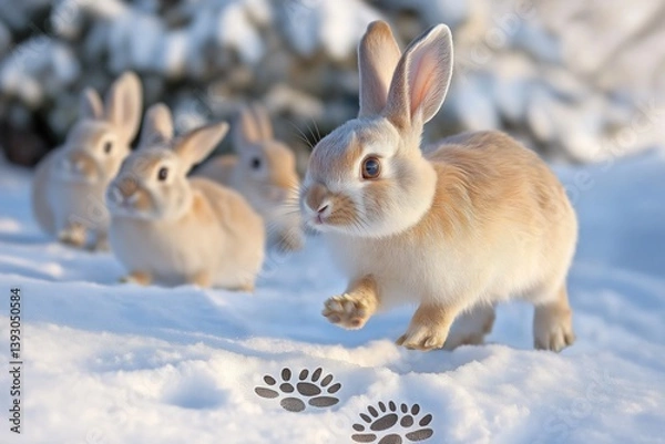 Obraz A playful family of rabbits hopping through a winter wonderland, their soft fur blending with the snowy landscape. Their tiny paw prints create delicate patterns in the untouched snow.