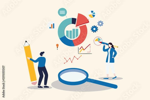 Fototapeta Market research, marketing or advertising survey to launch product, competitors research or social media report marketing report concept, business people look at magnify market data chart and graph.