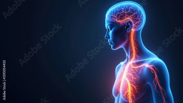 Obraz Illustration of human head with highlighted VNS device and nerve pathway.