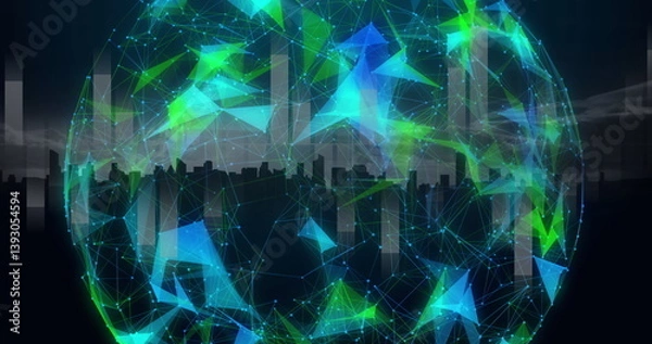 Fototapeta Image of globe of network of connections over cityscape