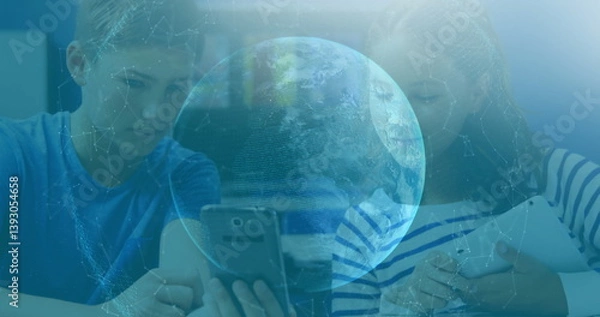Fototapeta Image of network of connections and globe over school children using smartphone in background