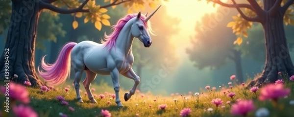 Obraz Charming unicorn with flowing mane in enchanting forest setting, cute, forest