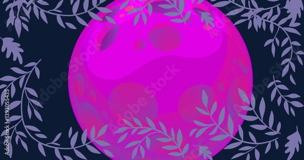 Fototapeta Image of pink moon surrounded by lilac leaves on grey background