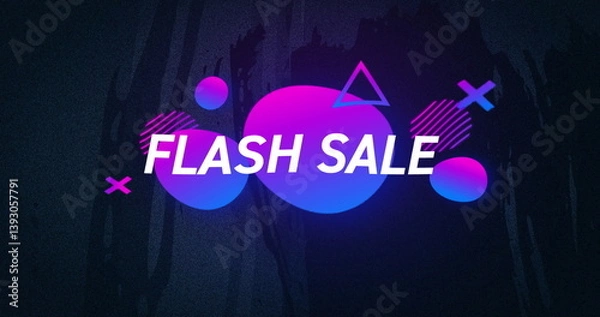Fototapeta Image of flash sale text in white over pink to purple shapes on grey flickering background