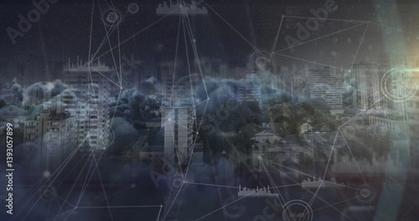 Obraz Image of network of connections and data processing over cityscape and clouds