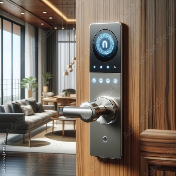 Obraz Modern smart door lock on a wooden door, showcasing an elegant interior design with a touch of technology, perfect for residential and commercial spaces.