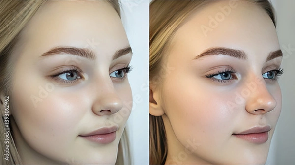 Obraz Collage with photos of young woman before and after permanent makeup procedure, closeup