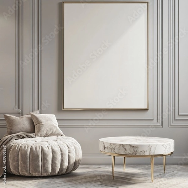Obraz Elegant minimalist living room design featuring blank frame and marble coffee table contemporary interior soft lighting modern aesthetic