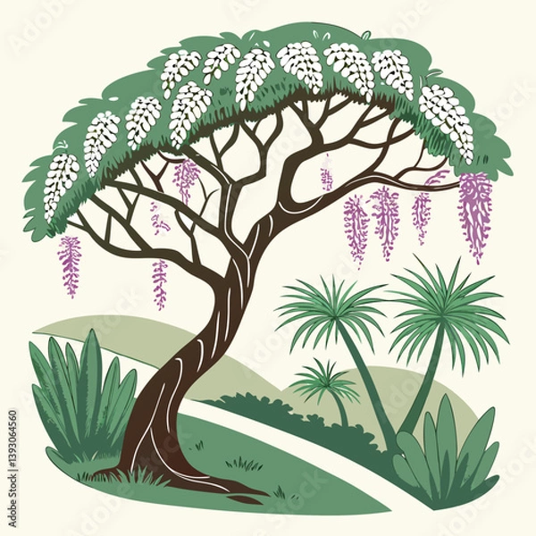 Obraz A beautiful vector illustration of a unique Brazilian tree adorned with white and violet Wisteria flowers, showcasing its intricate design and natural beauty.