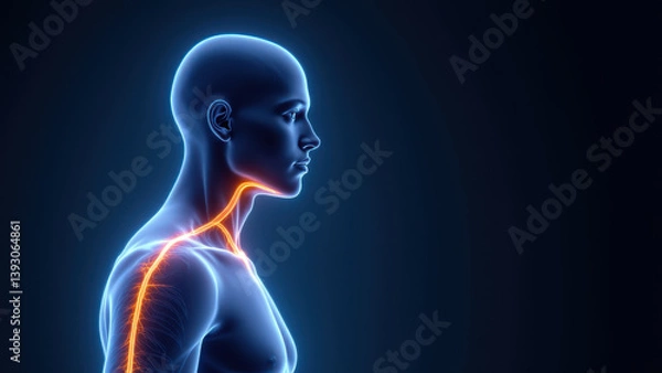Fototapeta An illustration of a human head and neck, highlighting VNS or Vagus Nerve Stimulation with color-coded nerve pathways.