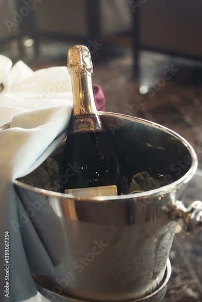 Fototapeta Champagne Bottle in Ice Bucket on Table