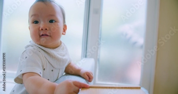 Obraz Curious Asian Baby Exploring Home Environment on Sofa in Bright Living Room with Natural Light with a curious expression.