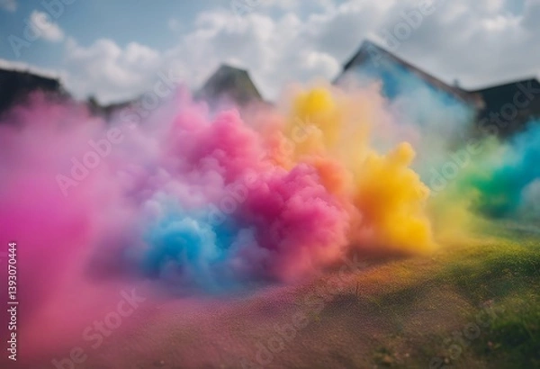 Fototapeta isolated regenbogen holi farbwolke isoliert rainbow cloud bunt powder colorful paint print shop background colourful dust magenta stress concert tight abstract inspiration dynamic black party move