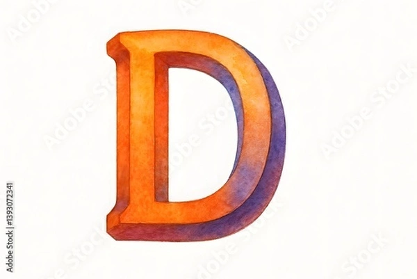 Obraz Watercolor illustration of the capital letter "D" in a 3D artistic style. Colorful brushstrokes blend warm and cool tones on a clean white background. Creative and elegant design.
