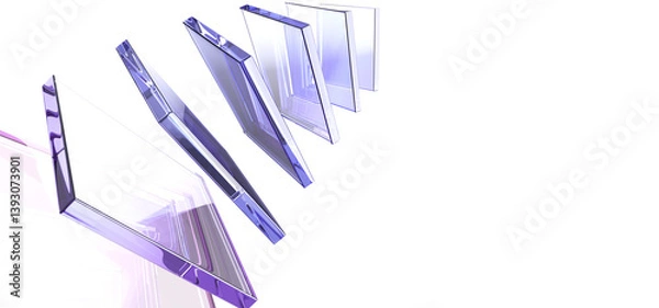 Obraz 3d abstract glass transparent square shapes flying on black background render. Iridescent crystal plates, acrylic or plastic panels with light hologram gradient, digital tech banner