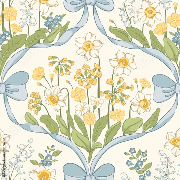 Obraz Vintage floral spring garden vector seamless pattern: daffodils, forget-me-nots, cowslips, lilies of the valley, delicate blue ribbon ogees. Botanical cottagecore design with bows and flowers bouquets