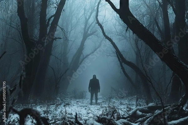 Fototapeta Gloomy figure walks a path through a misty, snowy forest