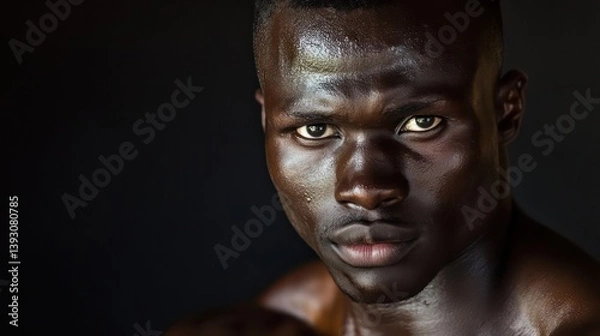 Obraz A portrait of a person with a determined look, their dark skin catching the light against a dim backdrop