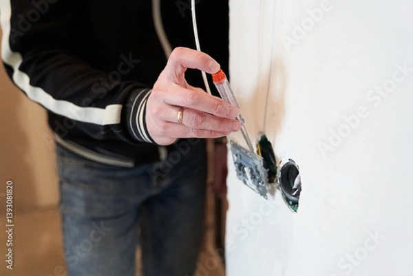 Fototapeta The man's hand checks the current in the junction box with electrical wires using an indicator screwdriver. The concept of repair and troubleshooting of an outlet. High quality photo