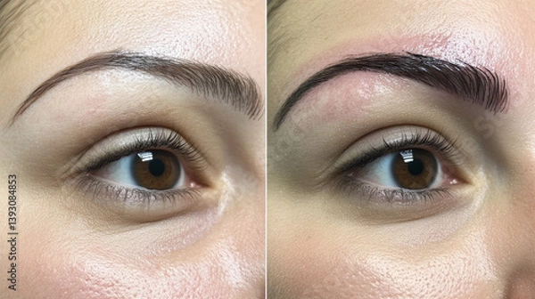 Obraz Unretouched before and after photos of a woman's eyebrow that has had a microblading procedure that fill in hair loss