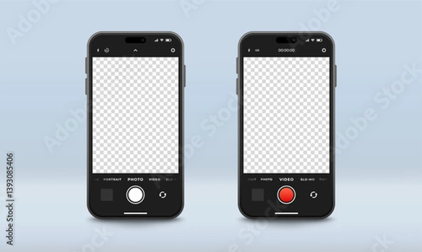 Fototapeta Set of templates for video and photo modes of smartphone camera app, vector illustration.