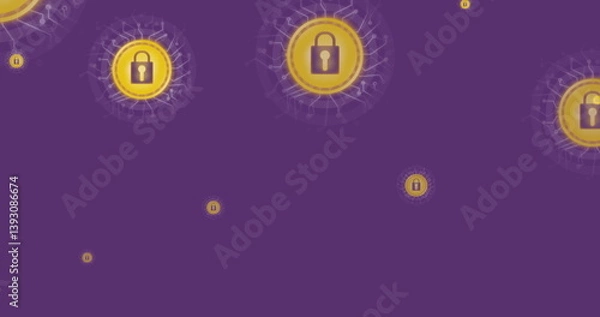 Obraz Image of yellow online security padlock icons flying up over purple background