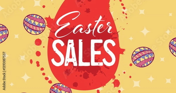 Fototapeta Image of easter sales text with easter eggs on yellow background