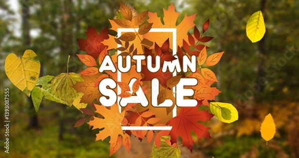 Fototapeta Image of autumn sale text in white letters over autumn leaves and forest