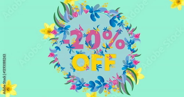 Obraz Image of 20 percent off text over flowers moving in hypnotic motion