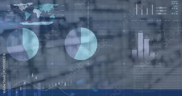 Fototapeta Image of statistics and data processing over shelves in shop