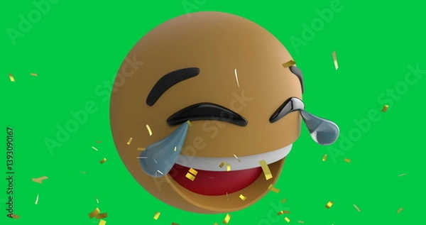 Fototapeta Image of confetti falling over smiling emoji emoticon icon on green screen background